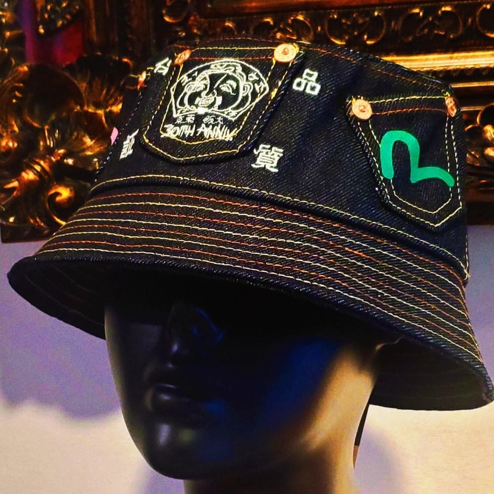 Evisu Multi-color Seagull Print Multi-Pockets Denim Bucket Hat NWT w Bag - Picture 6 of 9